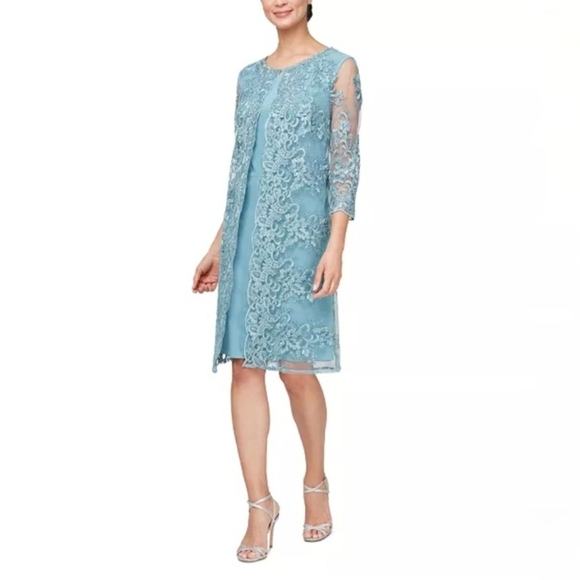 green emerald velvet dress Alex Evenings Sequin Embroidered Jacket Dress with Full Chiffon Skirt Blush / 10